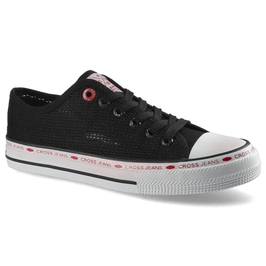 Zdjęcie produktu Trampki damskie Cross Jeans, z materiałowej przewiewnej siateczki tekstylnej z sznurowaniem oraz gumową płaską podeszwą, czarne, FF2R4015C