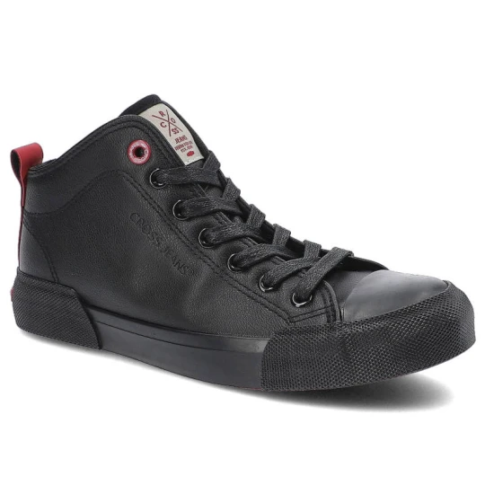 Zdjęcie produktu Trampki damskie Cross Jeans, wysokiej jakości materiał syntetyczny z gładką podwyższoną cholewką klasycznym sznurowaniem oraz stabilną grubszą podesz czarny