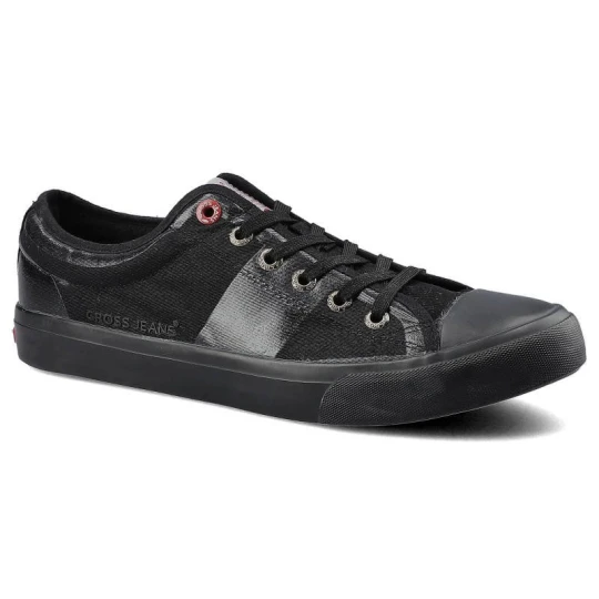 Zdjęcie produktu Trampki damskie Cross Jeans, z materiału tekstylnego o wzmocnionej strukturze z klasycznym sznurowaniem gumowym noskiem oraz płaską podeszwą, czarne