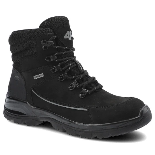 Zdjęcie produktu Trekkingi unisex 4F, skóra naturalna nubuk z tekstylnymi wstawkami sznurowanie z metalowymi haczykami oraz gruba amortyzowana podeszwa, czarne, H4Z21