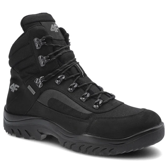 Zdjęcie produktu Trekkingi unisex 4F, skóra naturalna nubuk z tekstylnymi wstawkami sznurowanie z metalowymi haczykami oraz gruba amortyzowana podeszwa, czarne, H4Z21