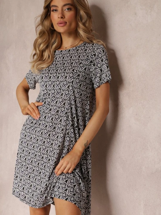 Zdjęcie produktu Czarno-Beżowa Sukienka Mini z Krótkimi Rękawami i Wzorem w Kwiaty Cassatha Sweet&girl