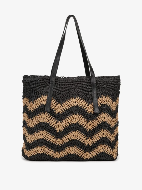Zdjęcie produktu Czarno-Beżowa Torebka na Rączkach w Stylu Boho i Plecionki Torpia