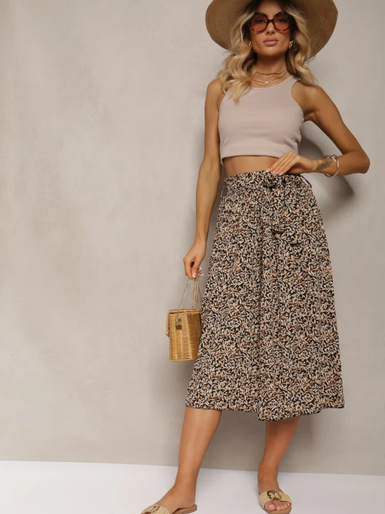 Zdjęcie produktu Czarno-Beżowe Plisowane Spodnie Szwedy High Waist z Materiałowym Paskiem i Gumką w Talii Isefia Airisa
