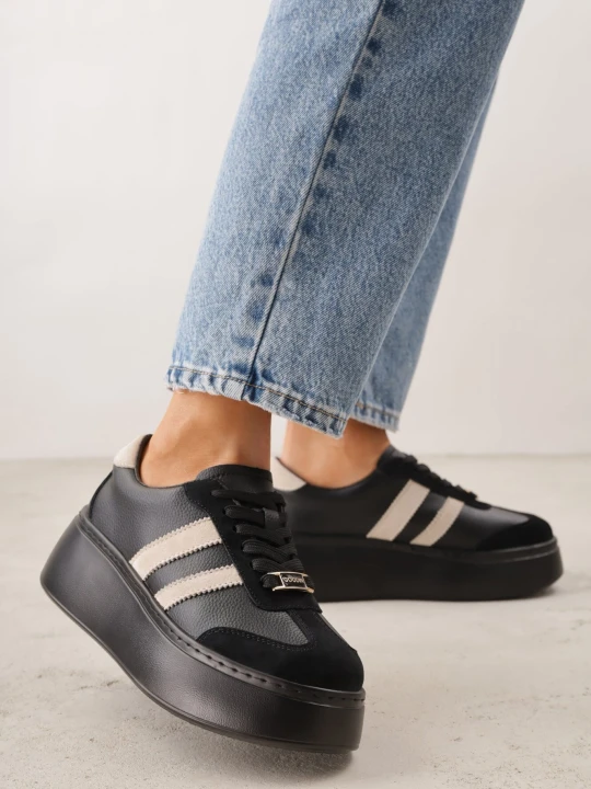 Zdjęcie produktu Czarno-Beżowe Skórzane Sneakersy na Grubej Podeszwie z Geometrycznym Wzorem Rivimi Goodin
