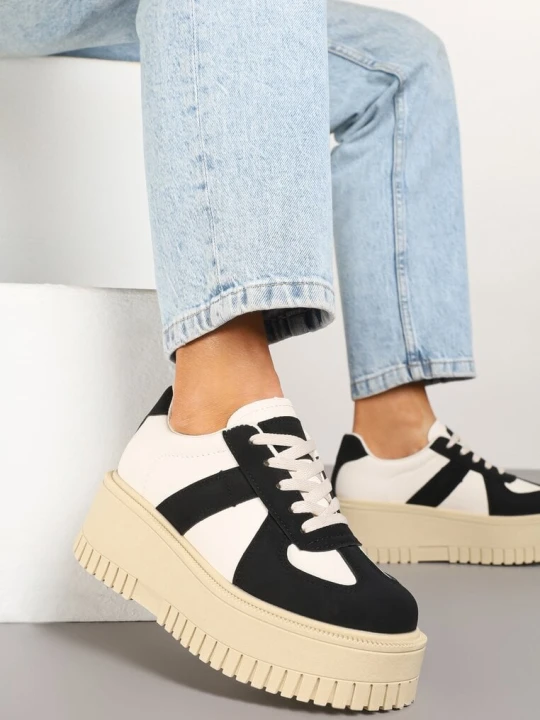 Zdjęcie produktu Czarno-Beżowe Sneakersy Typu Tenisówki na Żłobionej Platformie Lorreia Ideal
