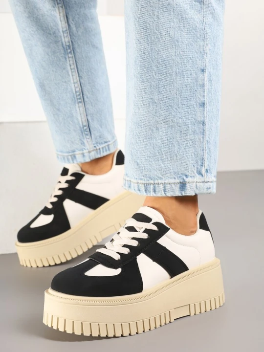 Zdjęcie produktu Czarno-Beżowe Sneakersy w Stylu Tenisówek na Platformie z Tłoczeniami Firreis Ideal