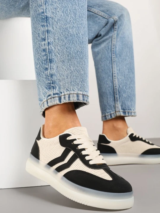 Zdjęcie produktu Czarno-Beżowe Sneakersy w Stylu Tenisówek z Geometrycznymi Paskami Falenira Marquiiz