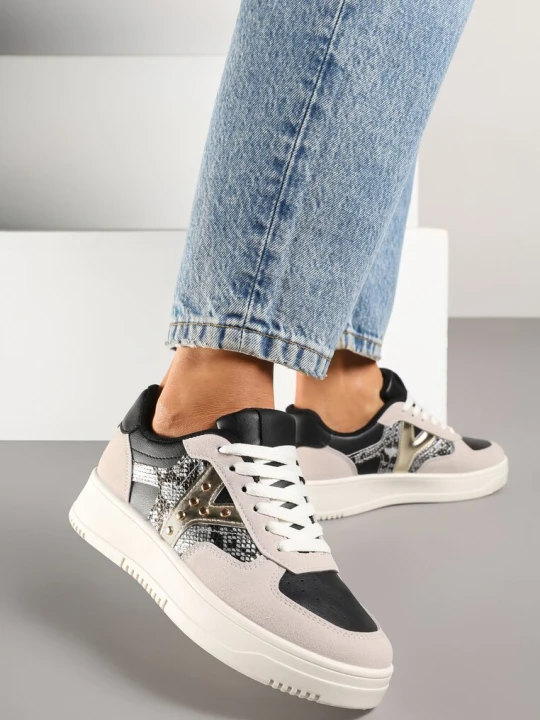 Zdjęcie produktu Czarno-Beżowe Sneakersy z Metalicznym Zdobieniem i Wstawką z Imitacją Skóry Węża Sarilira Ideal