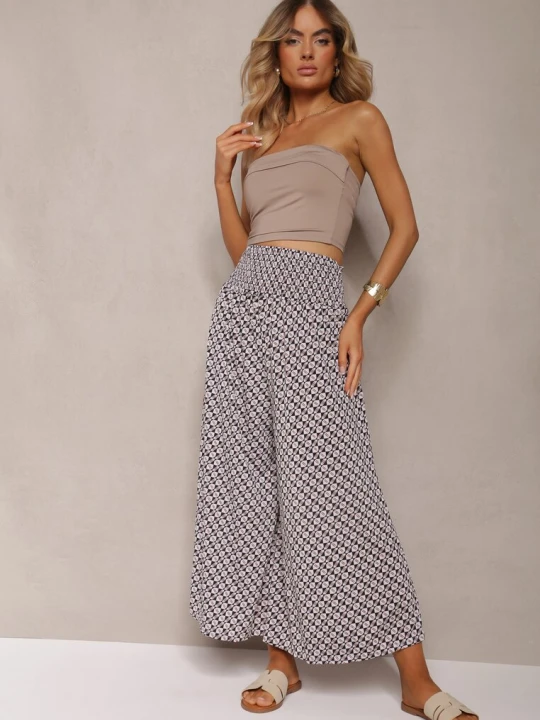 Zdjęcie produktu Czarno-Beżowe Spodnie High Waist z Bawełny z Rozszerzanymi Nogawkami i Gumką Nereialla Defox