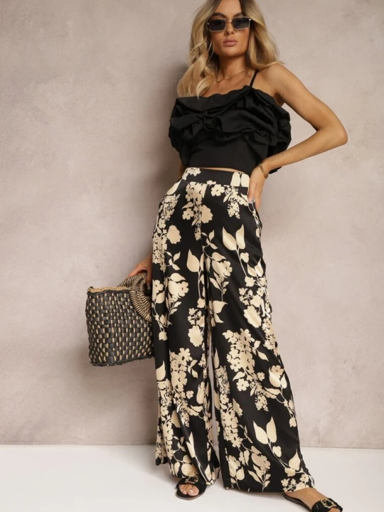 Zdjęcie produktu Czarno-Beżowe Szerokie Spodnie Palazzo z Gumką w Talii i High Waist Dimianna By Swan