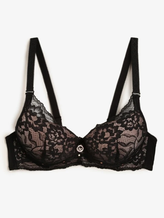 Zdjęcie produktu Czarno-Beżowy Biustonosz z Koronką i Funkcją Push Up Wifia