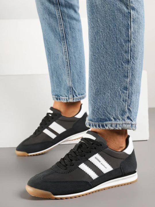 Zdjęcie produktu Czarno-Białe Sneakersy Klasyczne Tenisówki ze Skórzaną Wkładką i Zamszem Naturalnym Tilritia Goodin
