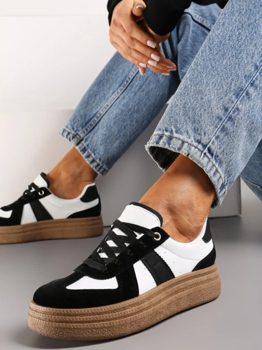 Zdjęcie produktu Czarno-Białe Sneakersy na Grubej Podeszwie z Ozdobnymi Przeszyciami Ysdole