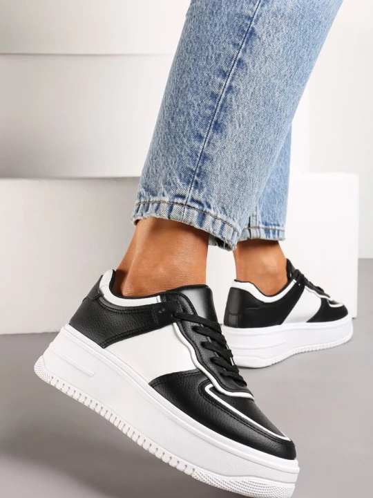 Zdjęcie produktu Czarno-Białe Sneakersy na Platformie z Delikatną Perforacją Dairala