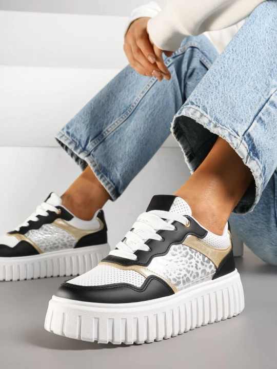 Zdjęcie produktu Czarno-Białe Sneakersy na Platformie z Tłoczeniami Zdobione Panterkowym Printem Herraza