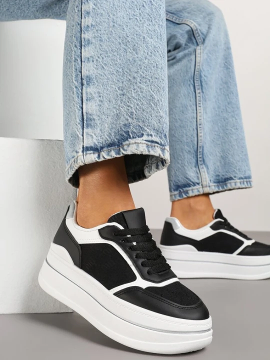 Zdjęcie produktu Czarno-Białe Sneakersy na Platformie z Tłoczoną Cholewką Callirae Renda