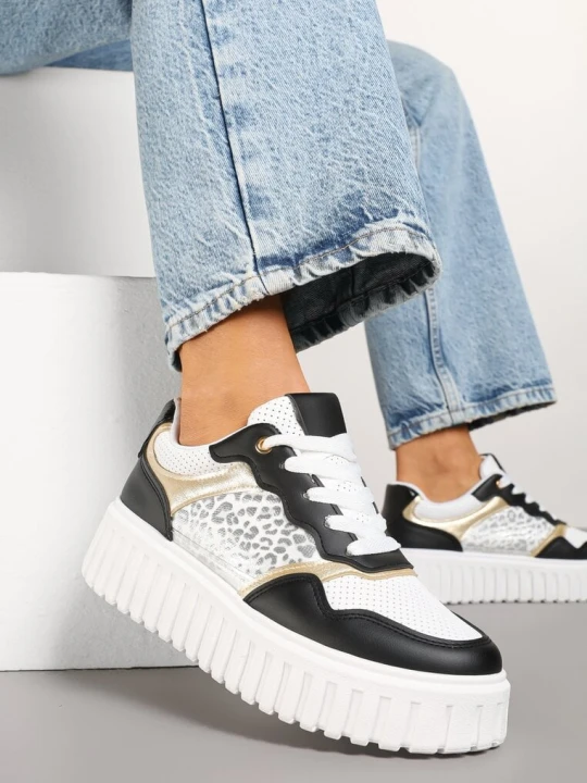 Zdjęcie produktu Czarno-Białe Sneakersy na Tłoczonej Podeszwie ze Zdobieniami w Panterkę Gerraza