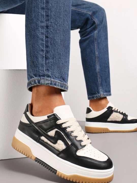 Zdjęcie produktu Czarno-Białe Sneakersy z Imitacji Skóry ze Wstawkami z Futerka Vaelisa