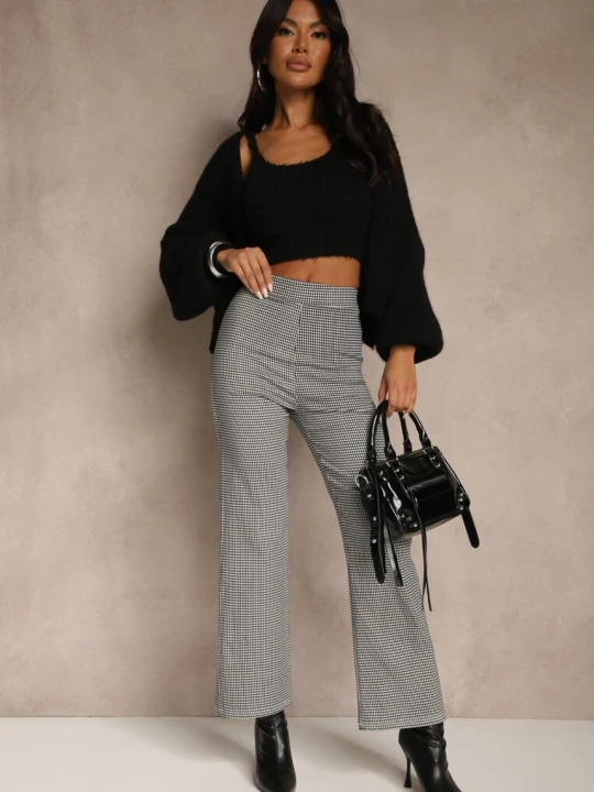 Zdjęcie produktu Czarno-Białe Spodnie z Bawełną o Szerokim Kroju High Waist z Wzorem Kraty Alimuna Alina