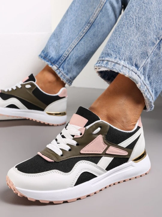 Zdjęcie produktu Czarno-Białe Sznurowane Sneakersy na Płaskiej Podeszwie Salisa