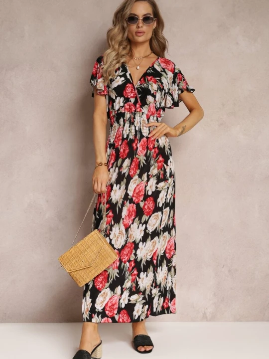 Zdjęcie produktu Czarno-Czerwona Kopertowa Sukienka Maxi w Kwiaty z Gumką w Talii Jazzly J&x