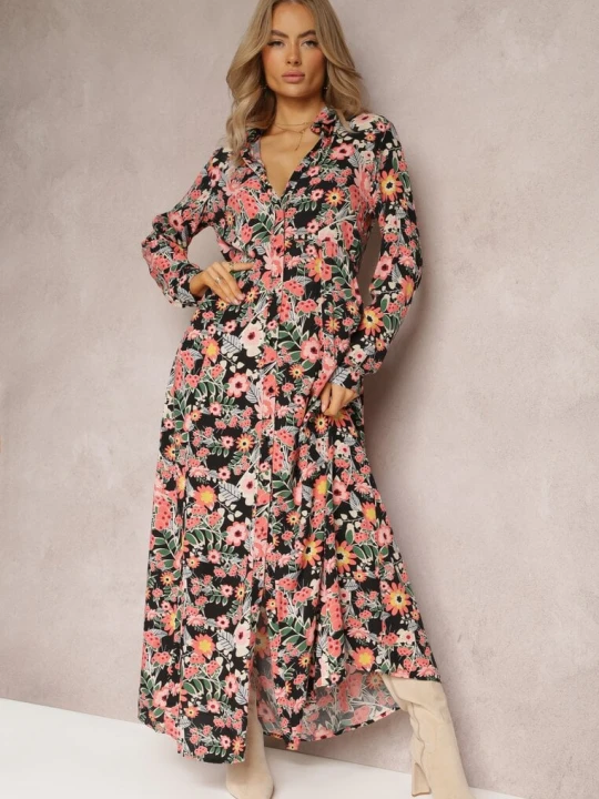 Zdjęcie produktu Czarno-Czerwona Koszulowa Sukienka Maxi z Podpinanymi Rękawami w Kwiatowy Wzór c R&f Fashion