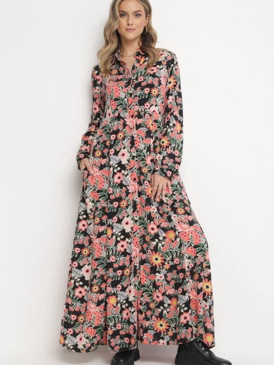 Zdjęcie produktu Czarno-Czerwona Rozkloszowana Sukienka Maxi Koszulowa w Kwiaty Moonsee R&f Fashion