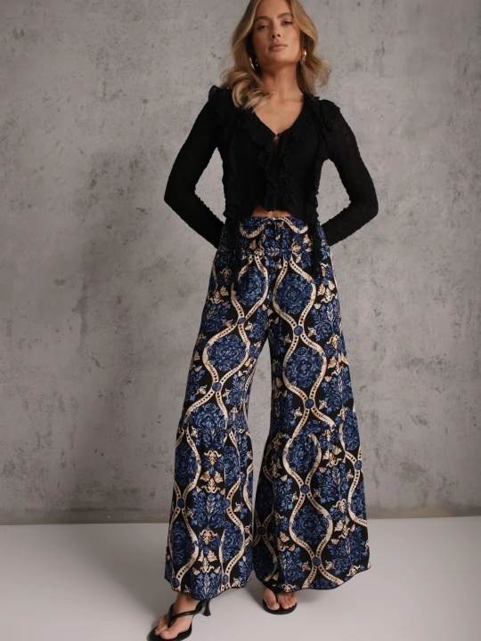 Zdjęcie produktu Czarno-Granatowe Spodnie Szerokie z Wiskozy w Ornamentalny Wzór High Waist Cramelia Rosita