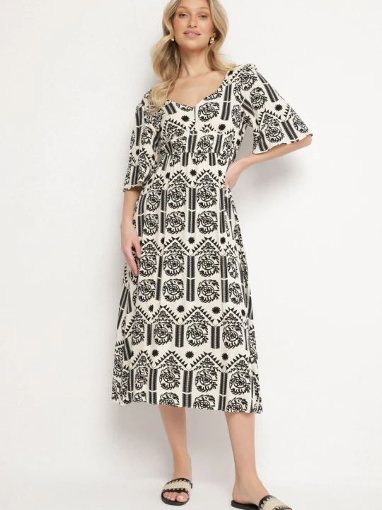 Zdjęcie produktu Czarno-Kremowa Sukienka Wiskozowa Rozkloszowana z Odkrytymi Plecami w Print Boho Turaisa H&s