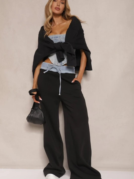 Zdjęcie produktu Czarno-Niebieskie Spodnie z Bawełną o Szerokim Kroju High Waist Ozdobione Sznurkami Annoriel Defox