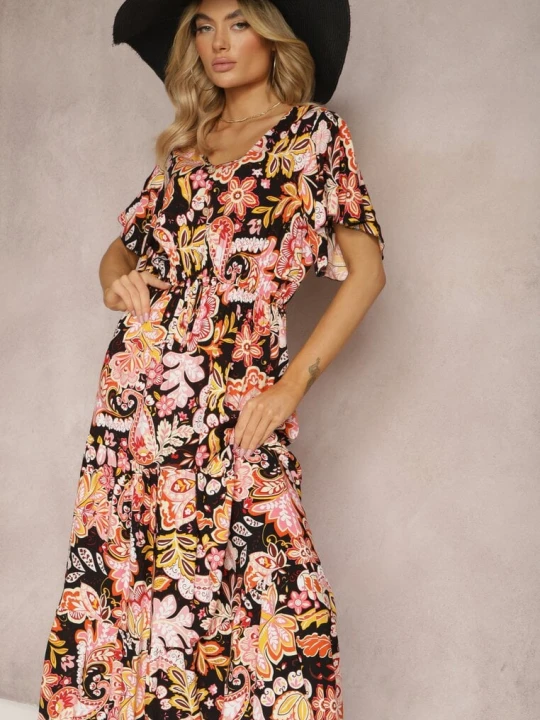 Zdjęcie produktu Czarno-Różowa Bawełniana Sukienka Letnia Ozdobiona Kolorowym Wzorem Boho z Gumką w Pasie Pythia Defox