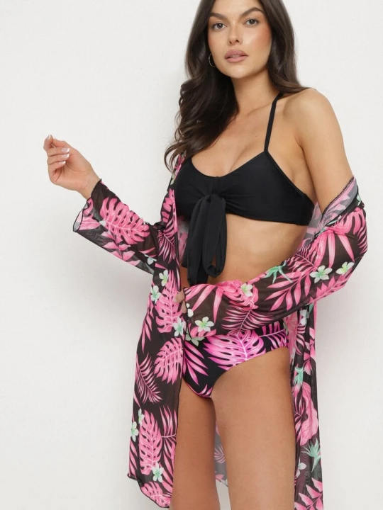 Zdjęcie produktu Czarno-Różowe Bikini Wiązany Biustonosz i Majtki Figi z Dodatkową Narzutką z Siateczki Zareliah Rosse Line