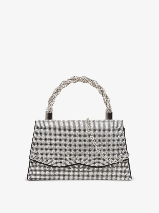 Zdjęcie produktu Czarno-Srebrna Mała Torebka z Plecioną Rączką i Łańcuszkiem na Ramię z Cyrkoniami na Zatrzask Teratia Fashion&bags