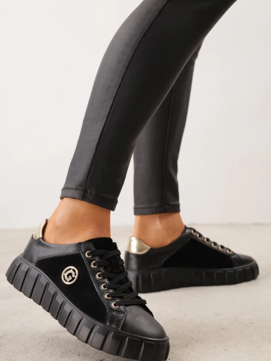 Zdjęcie produktu Czarno-Złote Sneakersy ze Skóry Naturalnej na Niskiej Platformie z Metalowymi Akcentami Rilmi Goodin