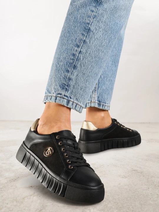 Zdjęcie produktu Czarno-Złote Sznurowane Sneakersy Vices na Platformie z Tłoczeniem i Metaliczną Aplikacją Lavfedi