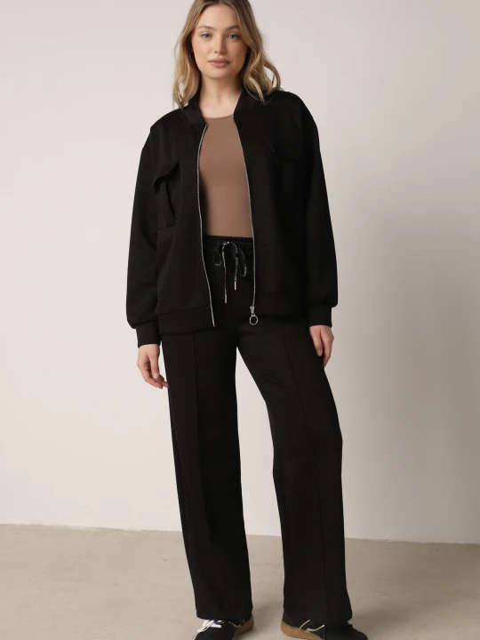 Zdjęcie produktu Czarny Bawełniany Komplet Dresowy Bluza na Suwak i Spodnie Tevrisa New Collection