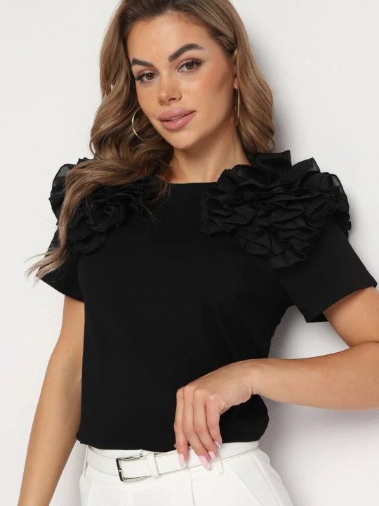 Zdjęcie produktu Czarny Bawełniany T-shirt Koszulka z Krótkim Rękawem Ozdobiona Aplikacją z Falbankami Aristine Retro & Icone