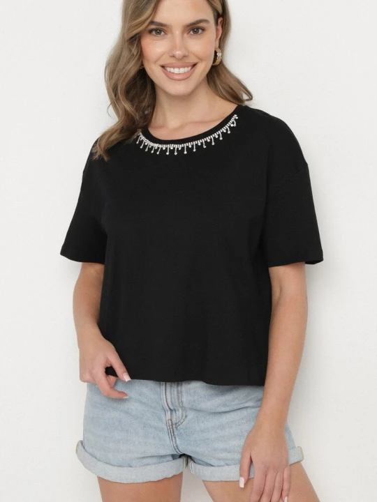 Zdjęcie produktu Czarny Bawełniany T-shirt Ozdobiony Cyrkoniami Fadelis Metro Five