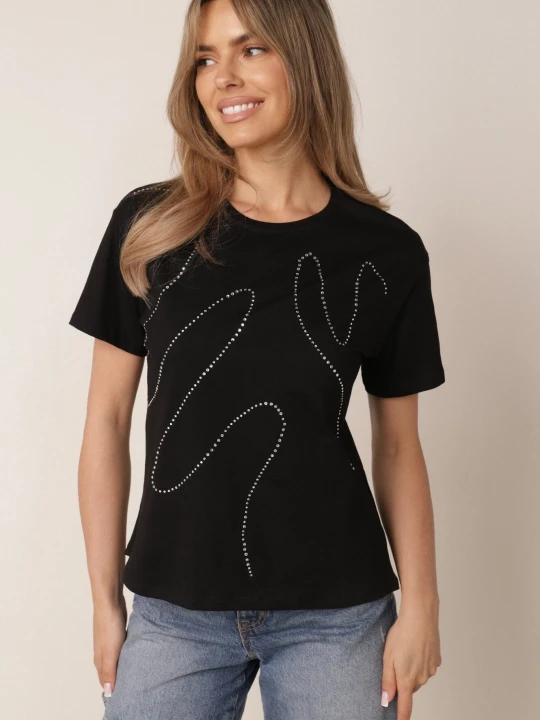 Zdjęcie produktu Czarny Bawełniany T-shirt Ozdobiony Cyrkoniami Monomene Metro Five