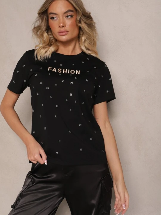 Zdjęcie produktu Czarny Bawełniany T-shirt Ozdobiony Napisem i Cyrkoniami Nalavenna Defox