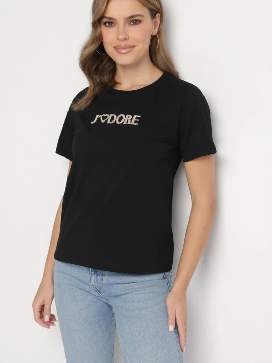 Zdjęcie produktu Czarny Bawełniany T-shirt Ozdobiony Napisem Nalaviraen Defox