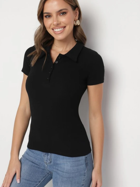 Zdjęcie produktu Czarny Bawełniany T-shirt Prążkowany Typu Polo z Guzikami Avelavia Elsa.m By May