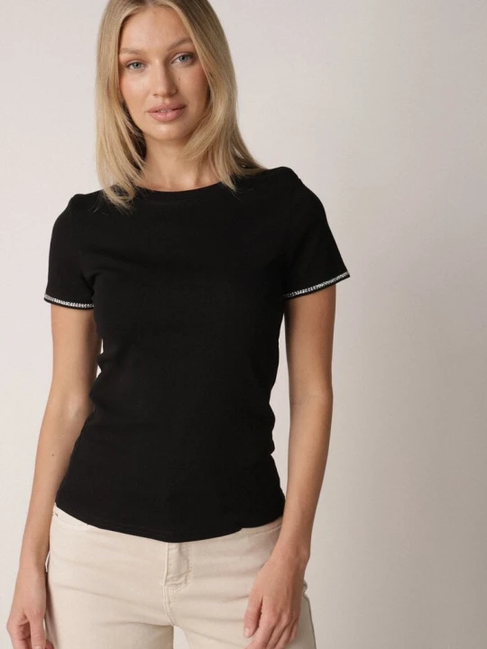 Zdjęcie produktu Czarny Bawełniany T-shirt z Cyrkoniami przy Rękawach Pronolea Elsa.m By May