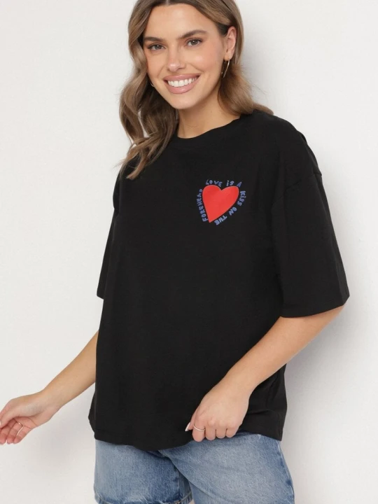 Zdjęcie produktu Czarny Bawełniany T-shirt z Motywem Serca Liorlie Jumelle