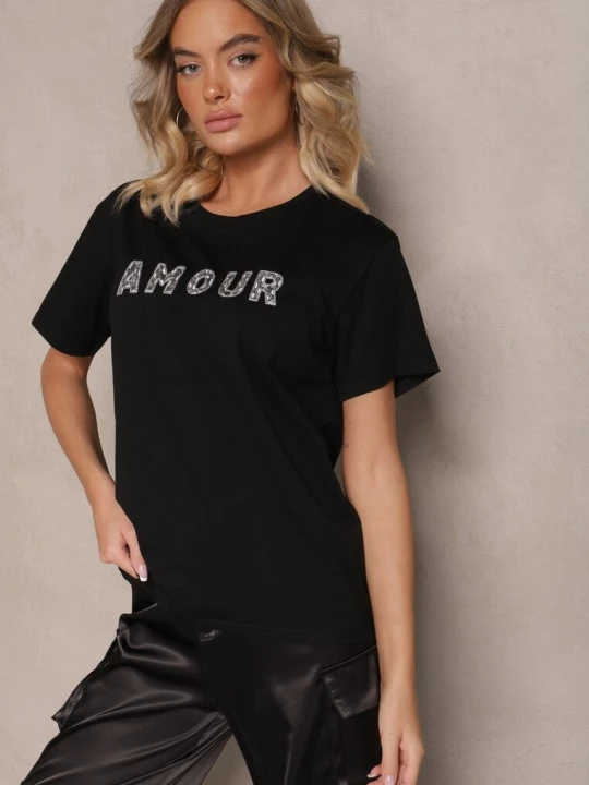 Zdjęcie produktu Czarny Bawełniany T-shirt z Napisem z Cekinami Marivinna Defox