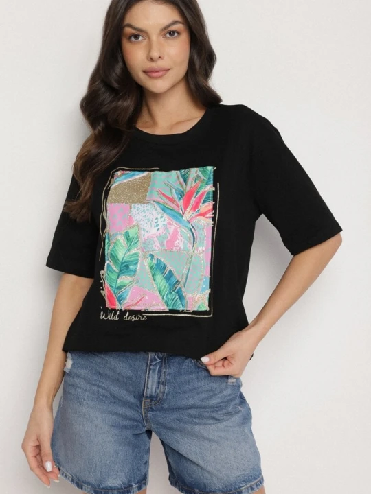 Zdjęcie produktu Czarny Bawełniany T-shirt z Ozdobnym Nadrukiem Delmari Glo-story