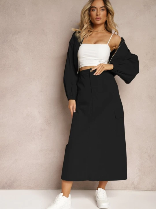 Zdjęcie produktu Czarny Casualowy Komplet 2-Częściowy Rozpinana Bluza i Spódnica z Kieszeniami na Klapy Lennira