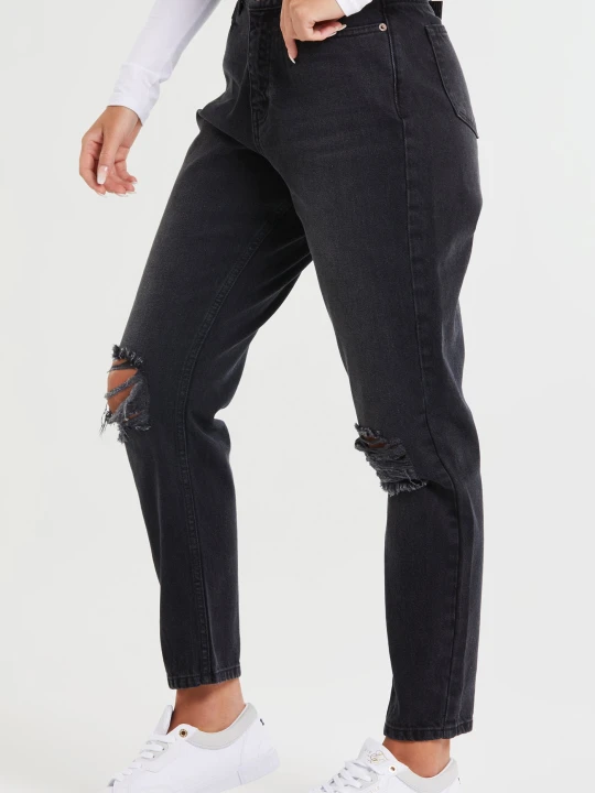 Zdjęcie produktu Czarny damski jeans z dziurami na kolanach SikSilk