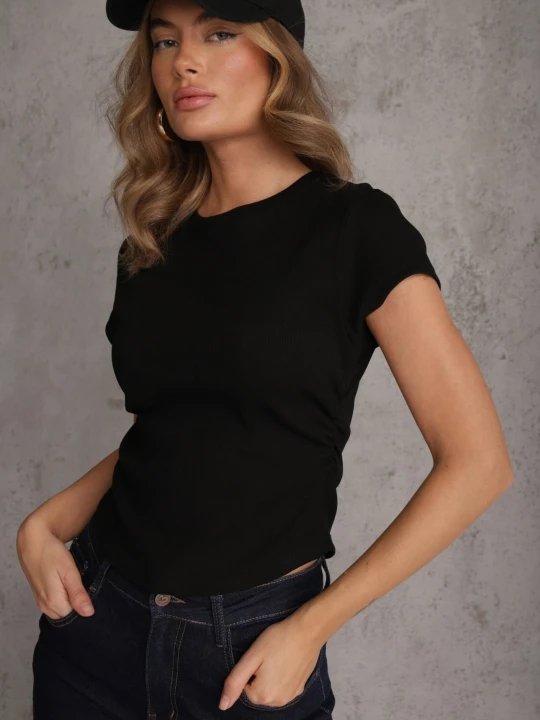 Zdjęcie produktu Czarny Dopasowany T-shirt z Marszczeniem z Bawełnianej Tkaniny w Prążki Assarena Romee's